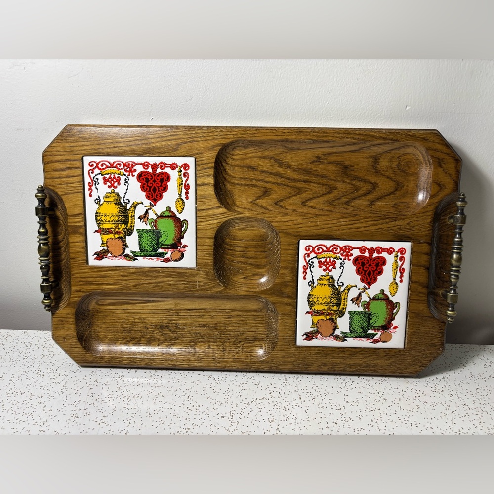 Vintage wooden serving platter tray with tiles
